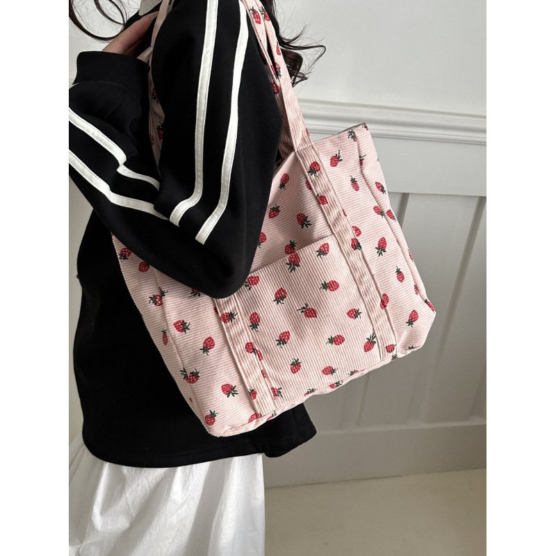 Versatile Strawberry Corduroy Tote Bag Shoulder Bag Casual Large Capacity Lazy Style Storage Shopping Bag