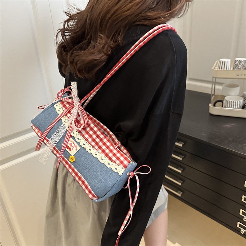 Casual plaid canvas bag for women, fashionable ballet style girly armpit bag, large capacity shoulder bag