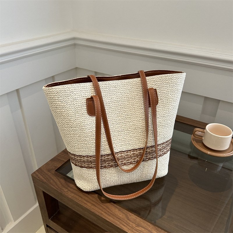 Large-capacity fashionable spliced bucket bag, versatile casual bag, shoulder tote bag