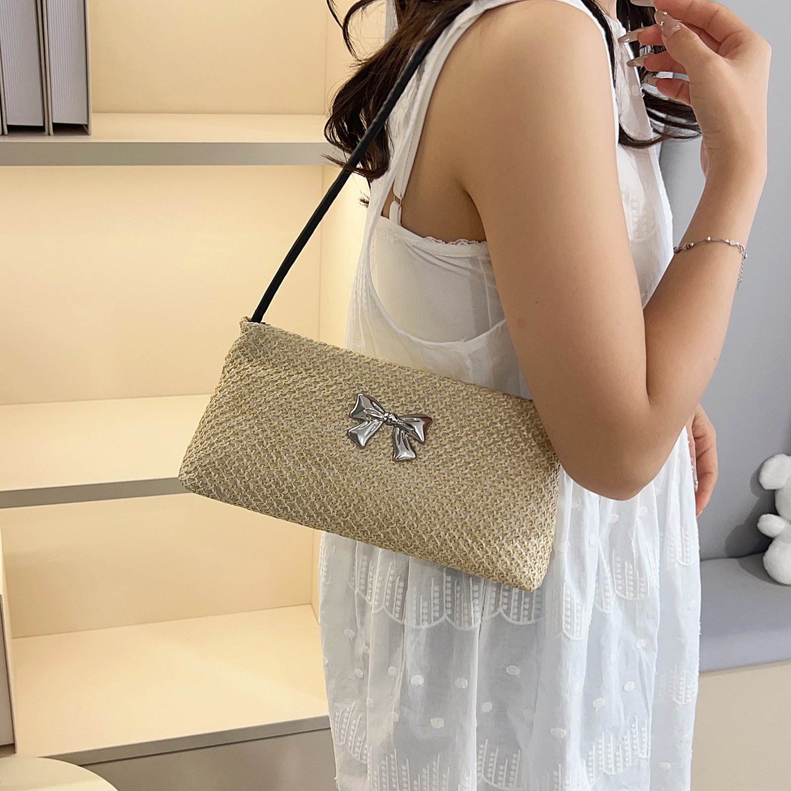 Large capacity casual temperament armpit simple fashion solid color bow straw shoulder bag