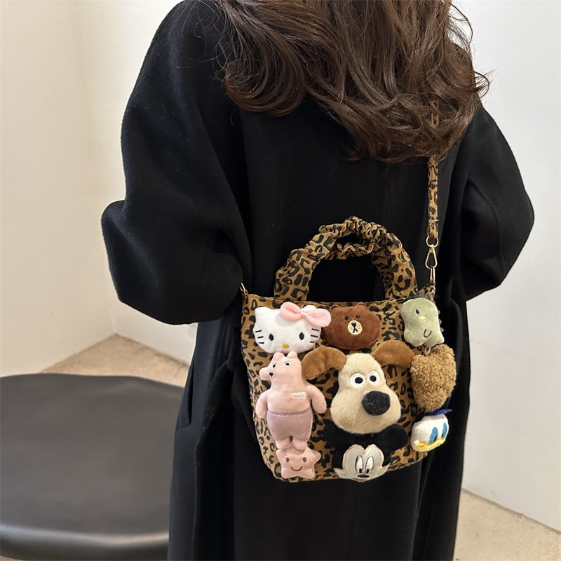 Cartoon Puppy Doll Handbag Women's Trendy Leopard Print Tote Bag Versatile Crossbody Canvas Bag