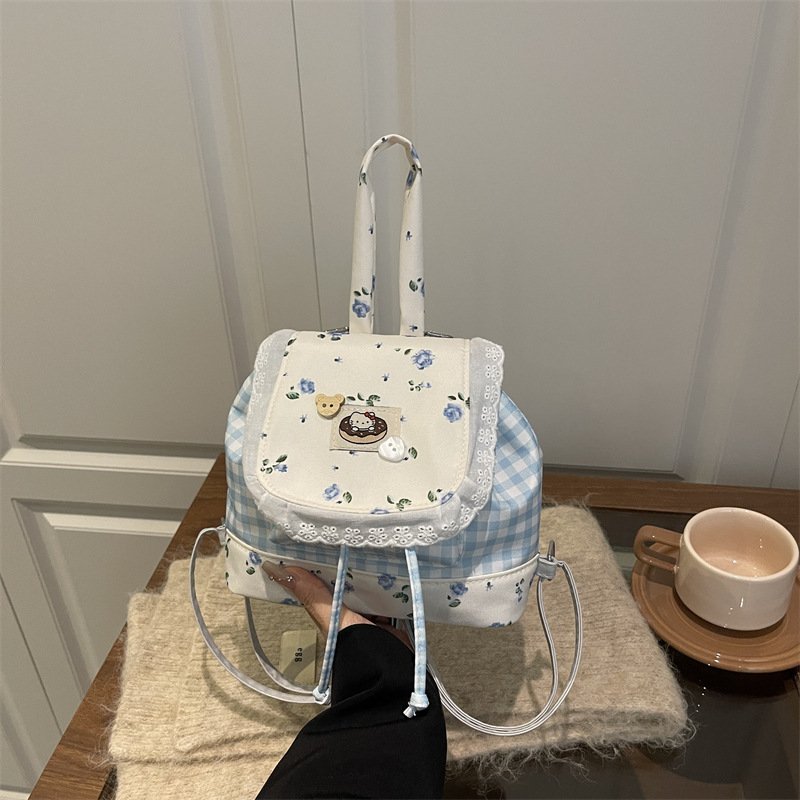 Japanese sweet pure lust lace backpack girl cute travel floral patch small backpack