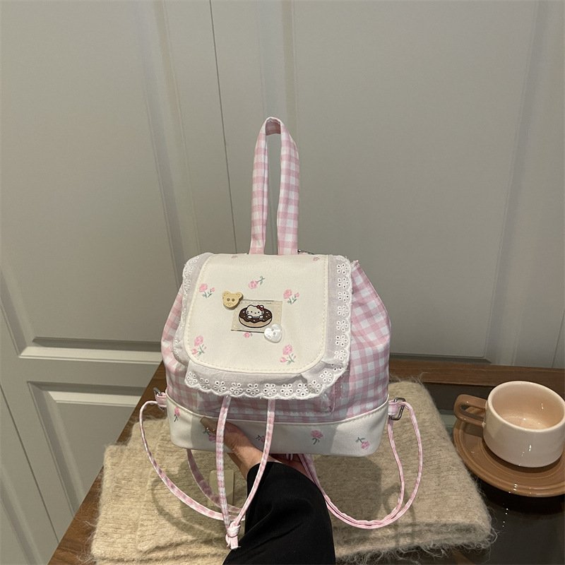 Japanese sweet pure lust lace backpack girl cute travel floral patch small backpack - Image 2