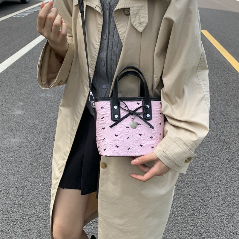 Niche portable bucket bag women's bag autumn bow shoulder bag trendy crossbody bag