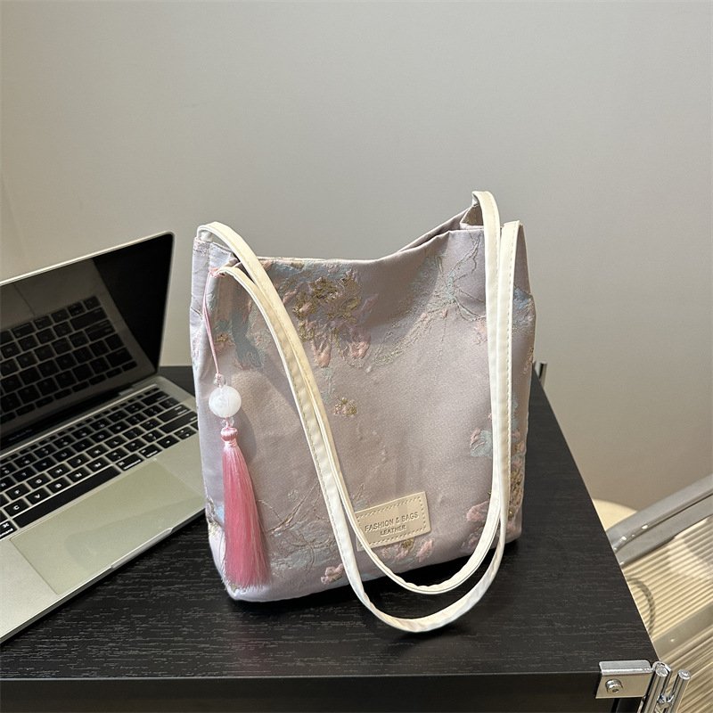 New Chinese style national style embroidered satin bag niche design shoulder handheld crossbody bucket bag
