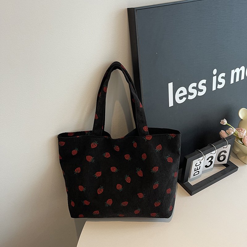 Strawberry print corduroy shoulder bag small fresh literary tote bag girl travel shoulder bag