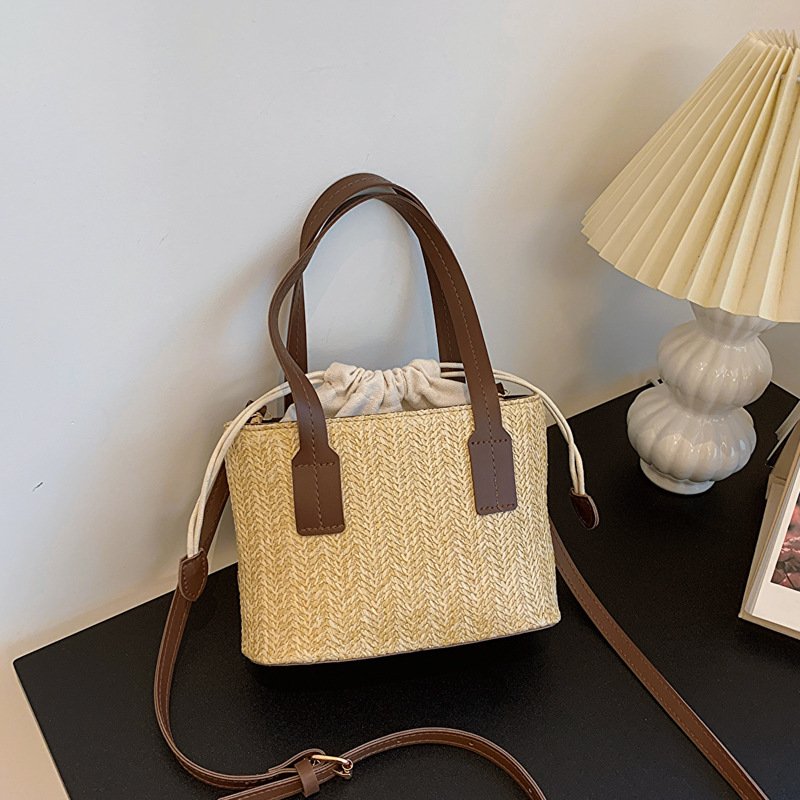 Woven large-capacity fashionable handbag, modern straw woven strap, shoulder crossbody bag, bucket bag