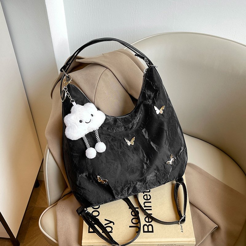 Casual soft-surface large-capacity butterfly-embellished shoulder bag, fashionable commuter backpack, multi-purpose tote bag