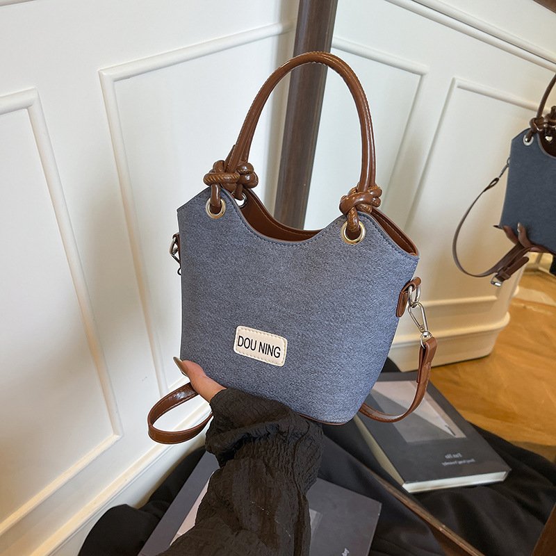 Denim Vegetable Basket Small Bag Women's Fashion Commuting Bucket Bag High-end Contrast Color Crossbody Bag