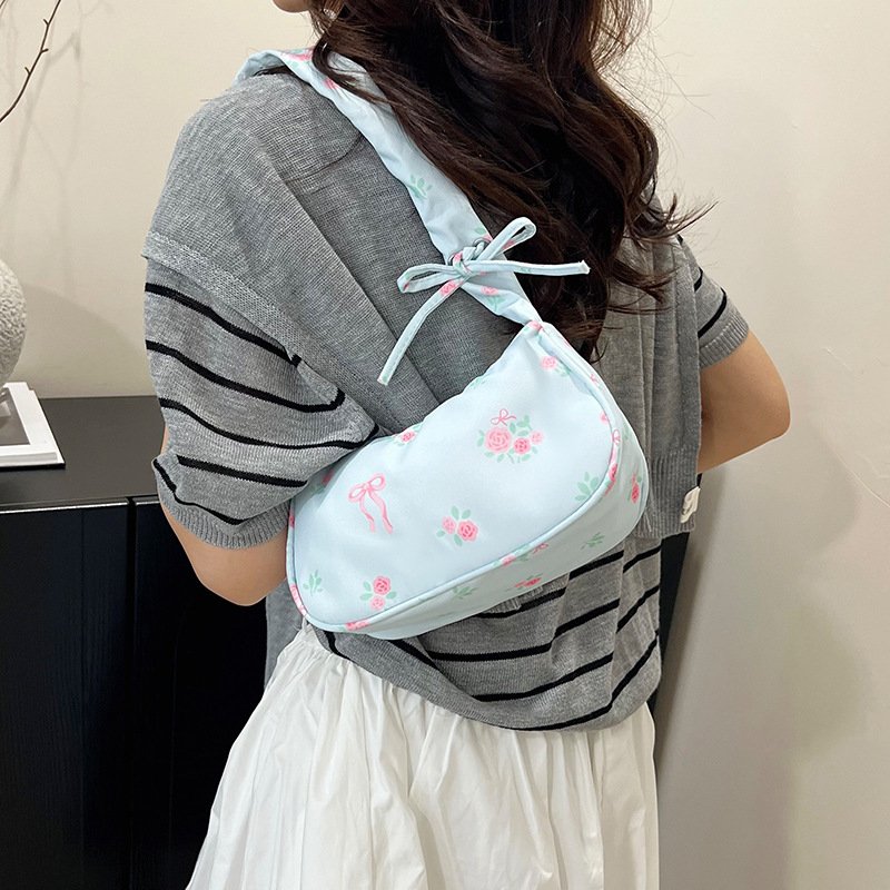 Fashionable women's bag, fresh and girly, simple commuting floral shoulder bag, printed flower bow armpit bag